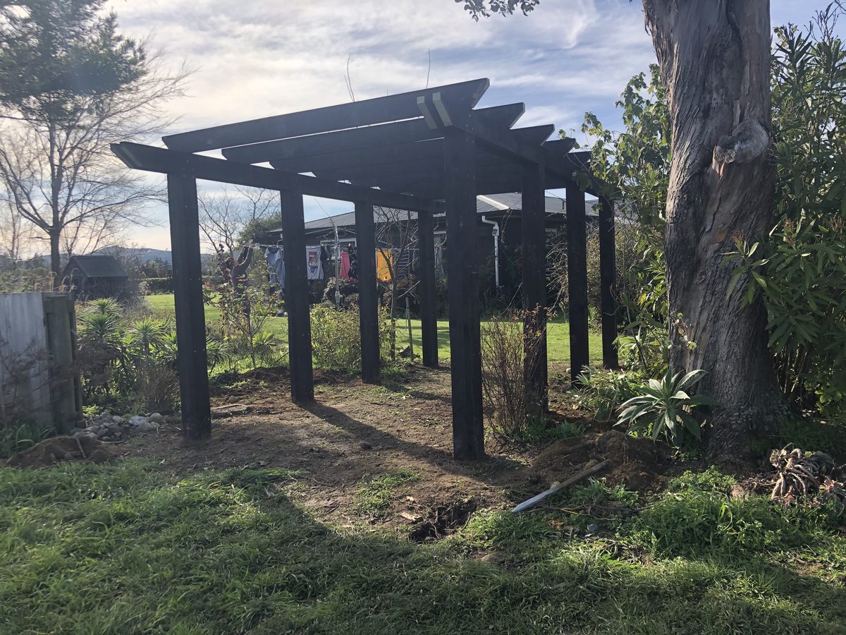Dark stained garden pergola completed, Wairarapa